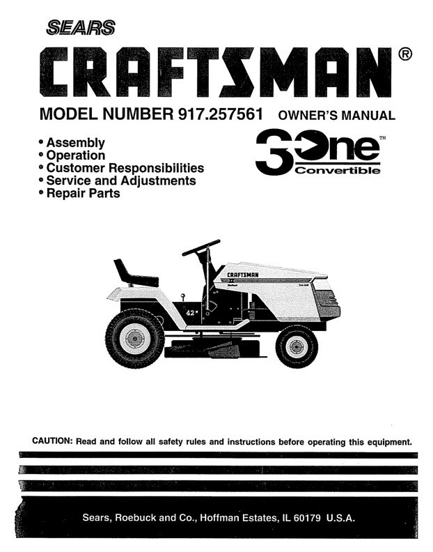 Owner's Manual Sears Craftsman 18.0 HP Lawn Tractor Riding Mower