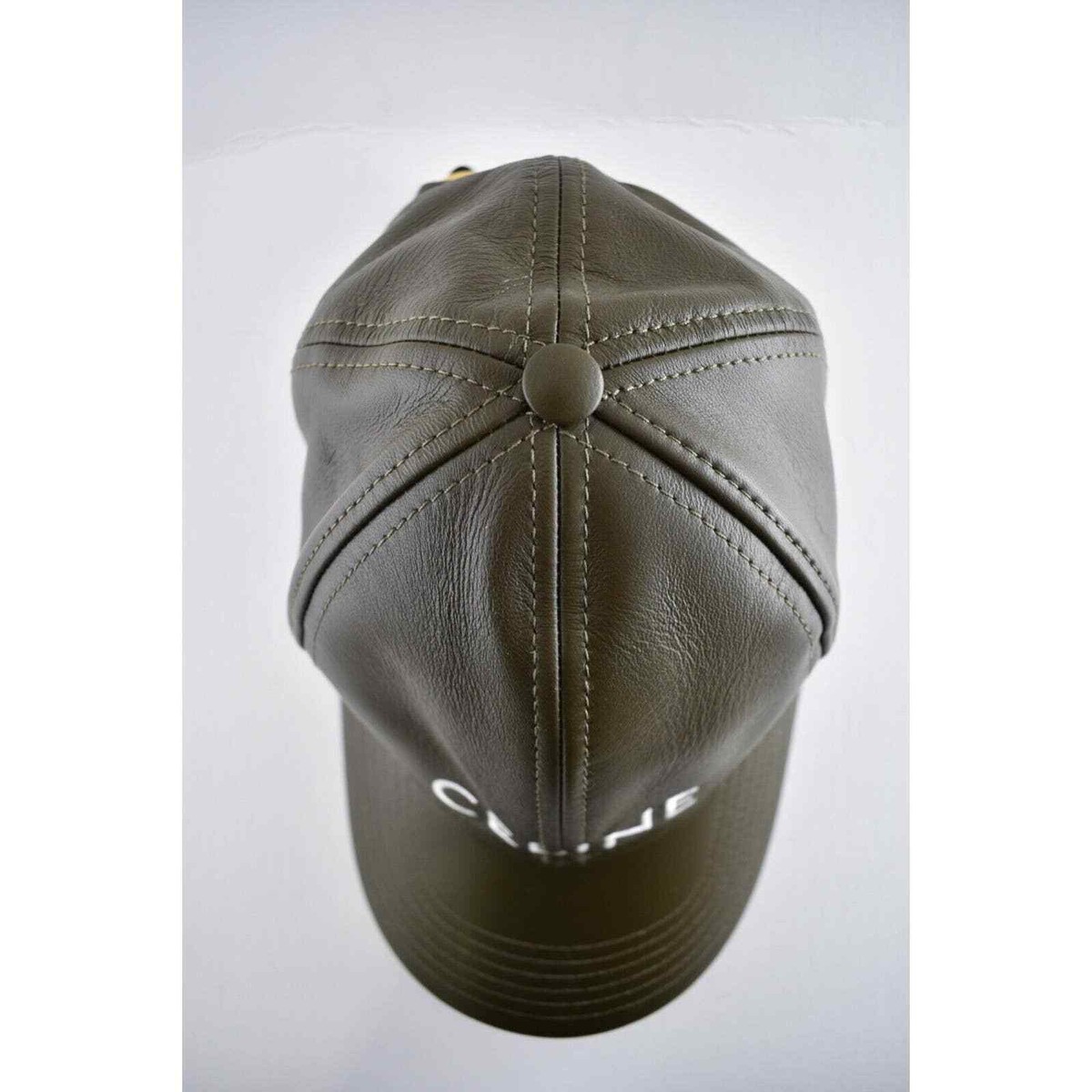 Celine Paris Dark Khaki Green Lamb Leather White Logo Baseball Cap Hat L Large Celine Paris Dark Khaki Green Lamb Leather White Logo  main image 3