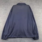 Dark blue men's full zip jacket with elastic cuffs, hanging on a gray hanger against a light gray wall.