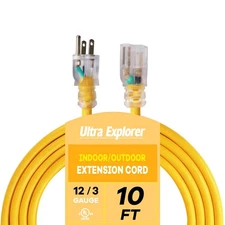 Indoor Extension Cord Waterproof 10 FT, 12 Gauge Heavy Duty Yellow Extension ...