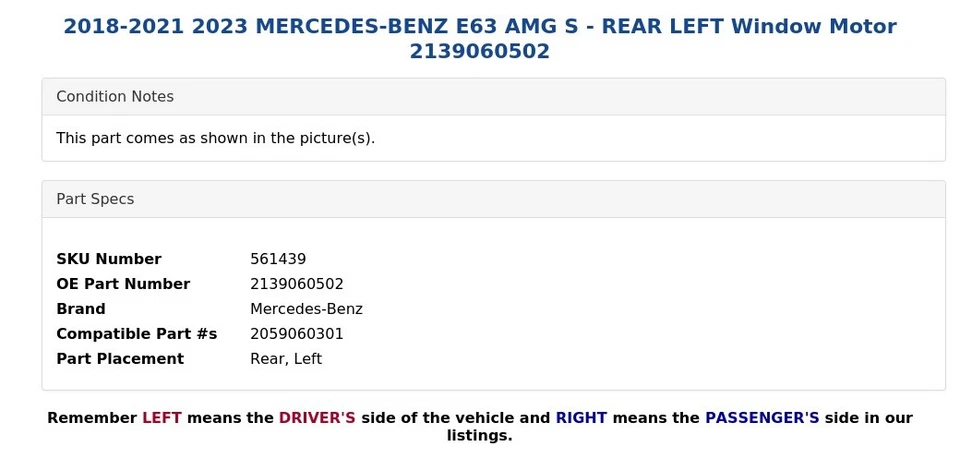 2018-2021 2023 MERCEDES-BENZ E63 AMG S - REAR LEFT Window Motor 2139060502 - Image 4 of 4