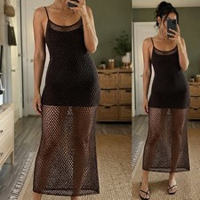 Forever 21 Chocolate Brown Sheer Crochet Split Festival Style Maxi Dress Size S