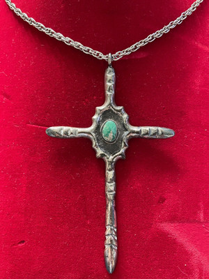 Vintage NAVAJO Sandcast Silver Cross w Turquoise Handmade Native American Indian