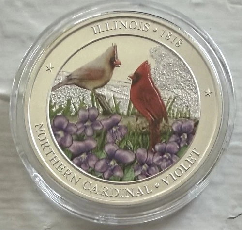 Illinois Northern Cardinal Violet Silver Round 1 Troy Ounce .999 Fine State Flag
