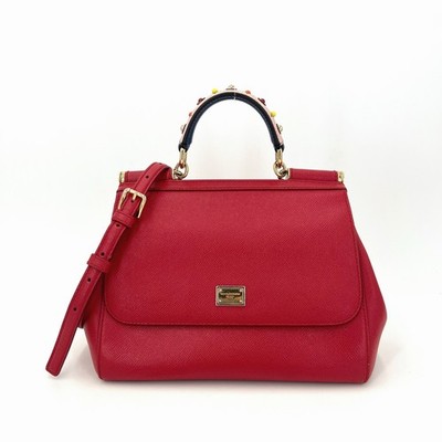 Dolce&Gabbana Sicily Medium Red Crossgrain Calf Leather Top Handle Crossbody US