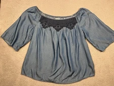 Crown & Ivy Blue Chambray Shirt Blouse Off Shoulder Tag says M Fits like Large L