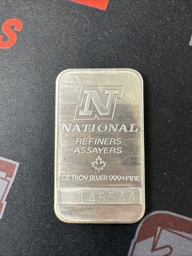 Vintage 1 Troy Oz .999 Fine Silver Bar National Refiners Assayers Ounce Rare (A)