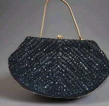 Vtg JEM Black Beaded Sequined Handmade Clutch Purse Gold Snake Chain Evening Bag
