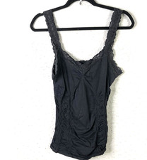Y2K Tank Top Womens XL Black Lace Trim Ruched Stretch Whimsigoth Dark Fairy