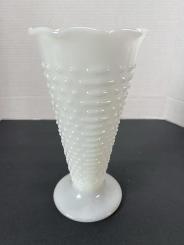 Vintage Anchor Hocking Fluted White Hobnail Ruffled Pedestal Vase