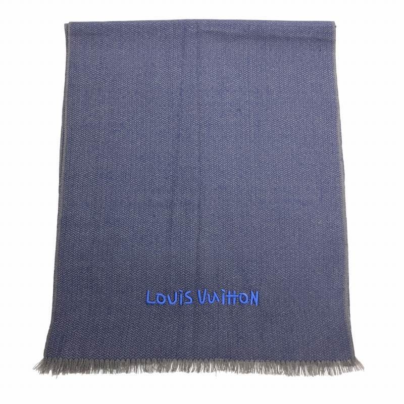 LOUIS VUITTON Cashmere Stole Scarf in Blue Grey with Logo Fringe