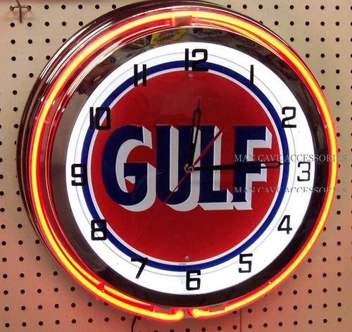 19" GULF Antique Sign Gasoline Motor Oil Gas Station Double Neon Clock No Nox
