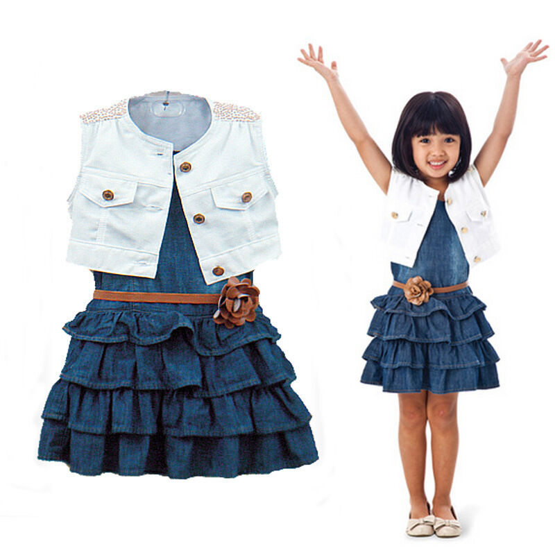 3pcs Toddler Infant Baby Girls Outfits Denim dress+ waistcoat + belt Clothes Set