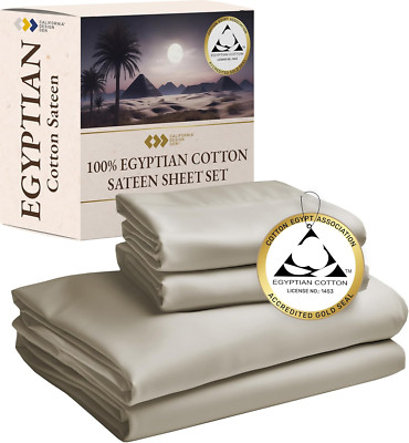 Luxury 100% Egyptian Cotton California King Sheets Set, Sateen Cooling Beige