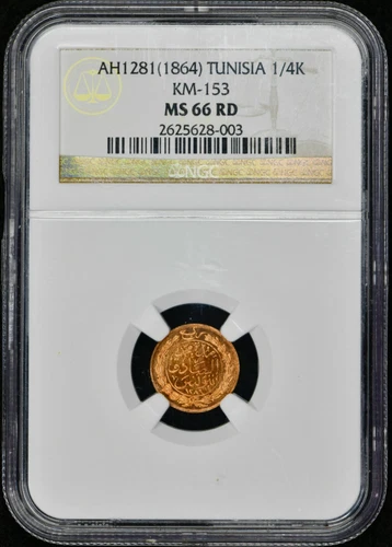 AH1281(1864)Tunisia 1/4 Kharub NGC MS-66 RD
