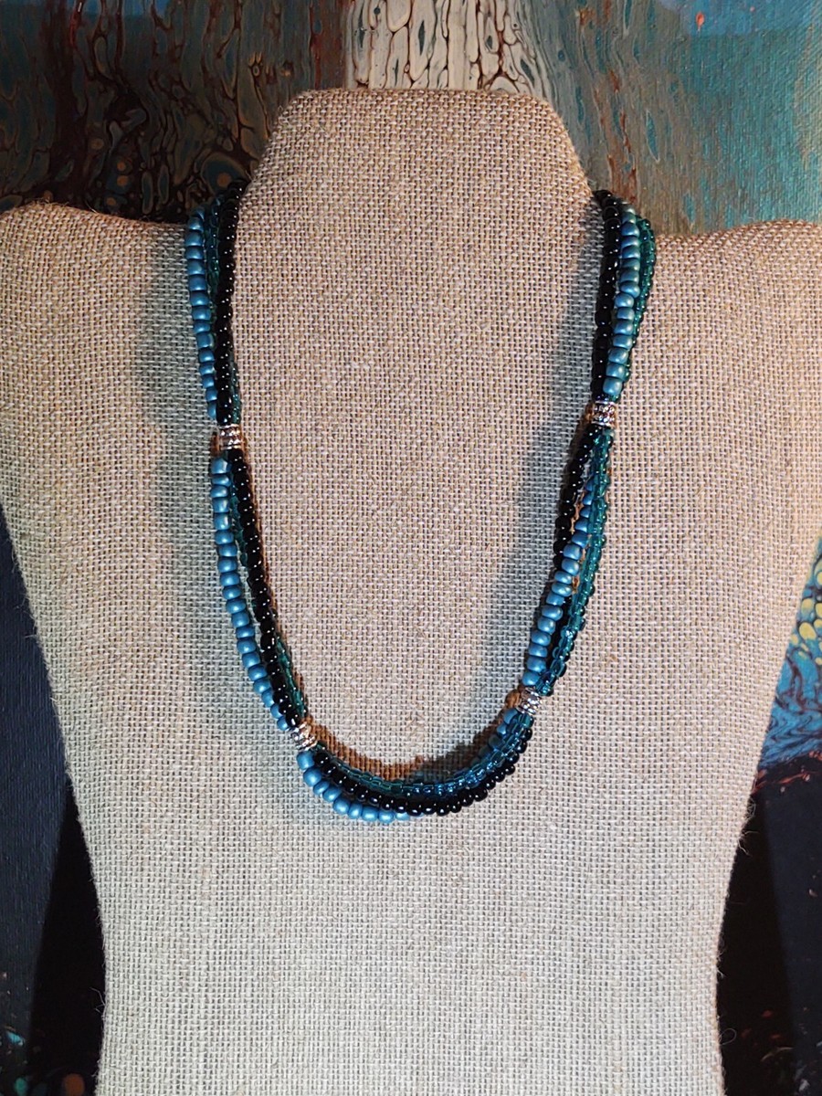 Boho 3 Strand Black & Blue Beaded Necklace Glass Beads  display picture 1