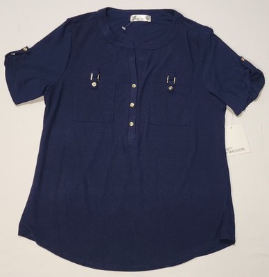 NEW 89th & Madison M Navy Short roll-tab buckle henley top Blouse Gold Accents