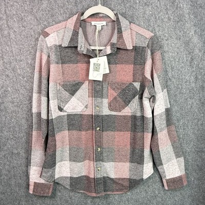 BeachLunchLounge Women's Top Pink Glory S Cotton Blend Plaid Shirt