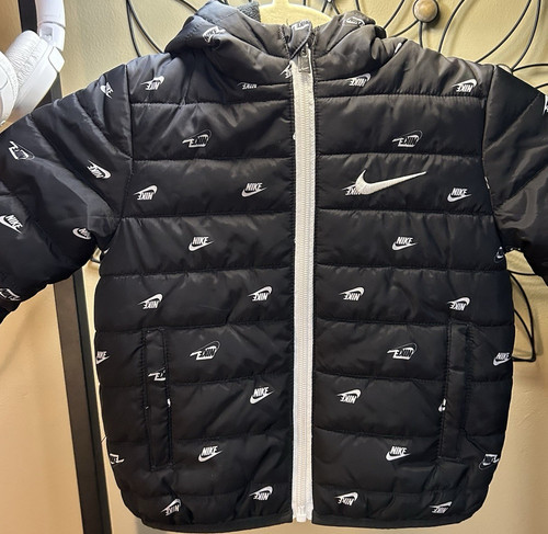 Nike Black Hooded Puffer Jacket 24M Baby Fleece Lined Full Zip Logo Pockets