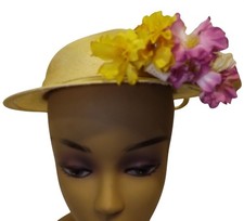 Vtg Mr. John Classic Straw Hat Yellow Pink Floral Accent New York Paris Ribbon