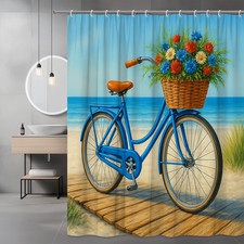 Colorful Beach Bicycle Shower Curtain with Flowers
