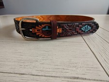 Vintage Hand Tooled Leather Belt Southwestern Aztec Design SUN Large 41"