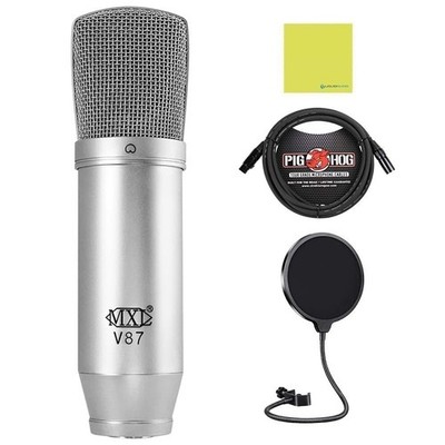 MXL V87 Low Noise FET Condenser Microphone Bundle with Pop Filter, 10ft Pig...