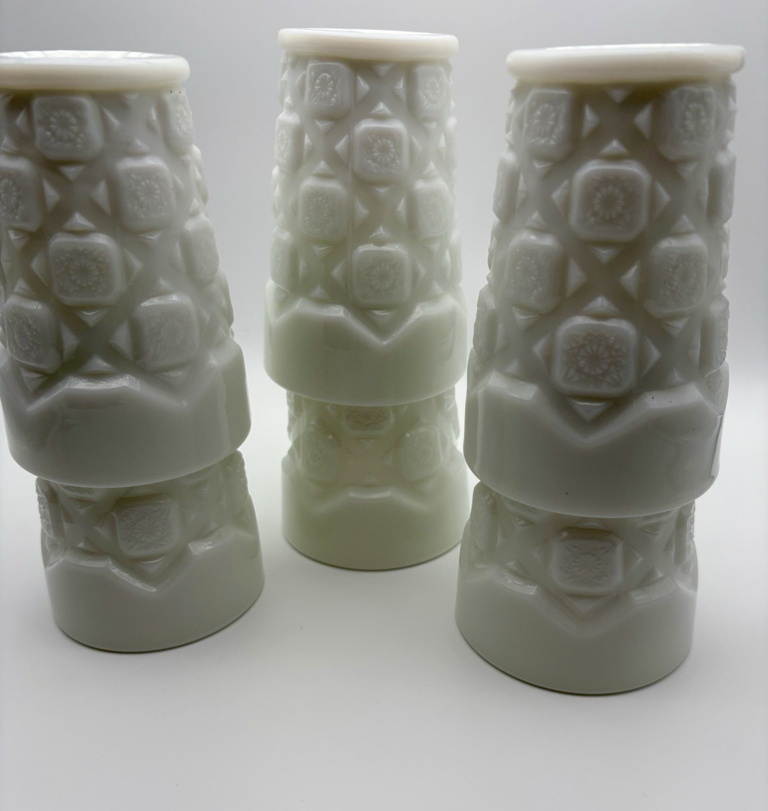 6 vintage Westmoreland Old Quilt Milk Glass 🤍Tumbler Glasses Euc