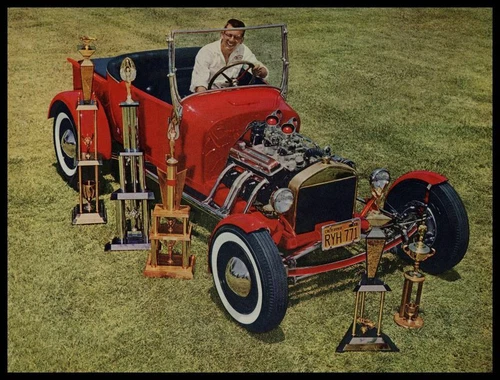 1934 Ford Hot Rod New Metal Sign: Early 1960s Build on Display w/ Trophies