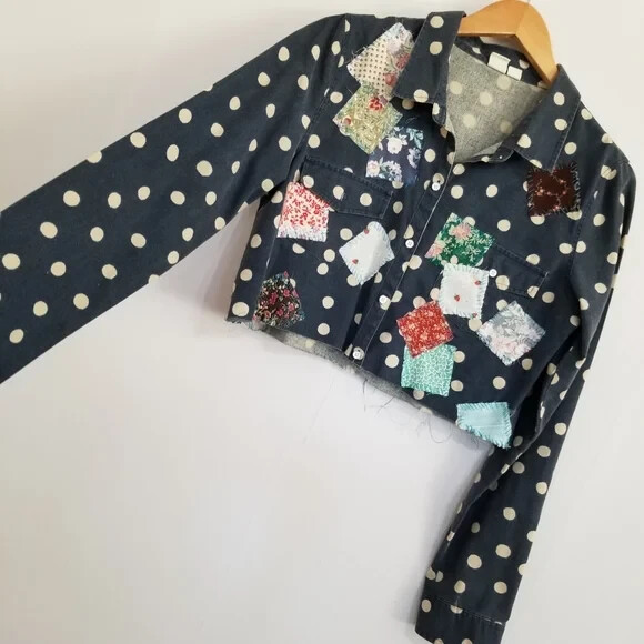 Roxy Repurposed Patchwork Navy Polka Dot Crop But… - image 2