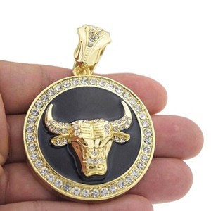 Authentic 14K Gold Plated Bull Head Coin Round CZ Black & Gold Iced Flooded Out Medallion