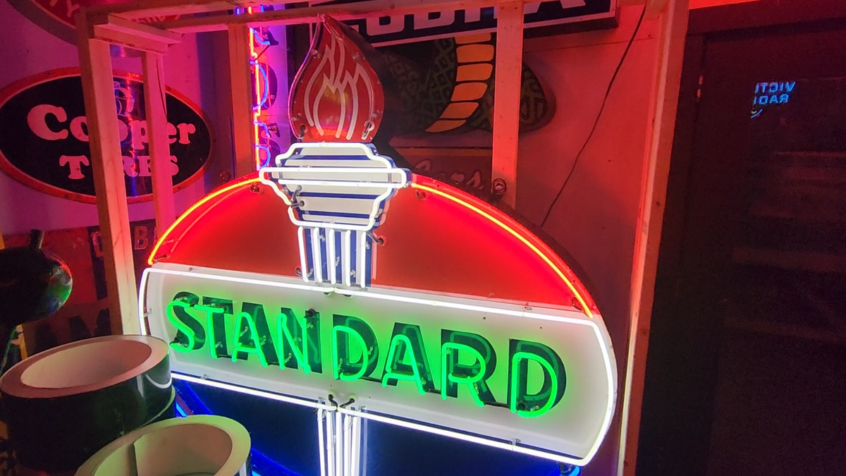 Original Porcelain Standard Oil Sign with Animated Neon 7 FT W x
