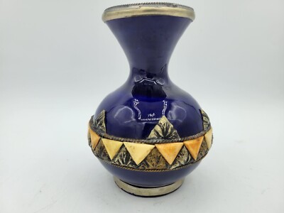 Tunisia Cobalt Blue Pottery Brass And  Camel Bone Inlaid Mosaic Vase 5.5''