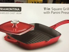 Nib New Tramontina 11" Cast Iron Grill Pan with Press - Red
