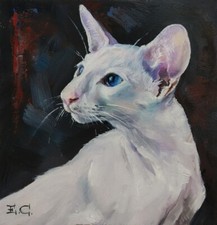 Dipinto olio su tavola di legno Ritratto di gatto bianco orientale Dipinto a ...