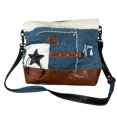 Myra Bag Denim Leather Patchwork Star Crossbody Bag Blue Brown July 4th Rustic