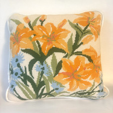 Needlepoint Throw Pillow Orange Lilies Blue Flowers Garden 12"x12"