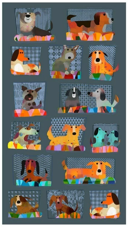 WINDHAM FABRICS "Fur-Ever Friends, Take Me Home" Cute Dog Panel - Slate Cotton Shirting/Quilting