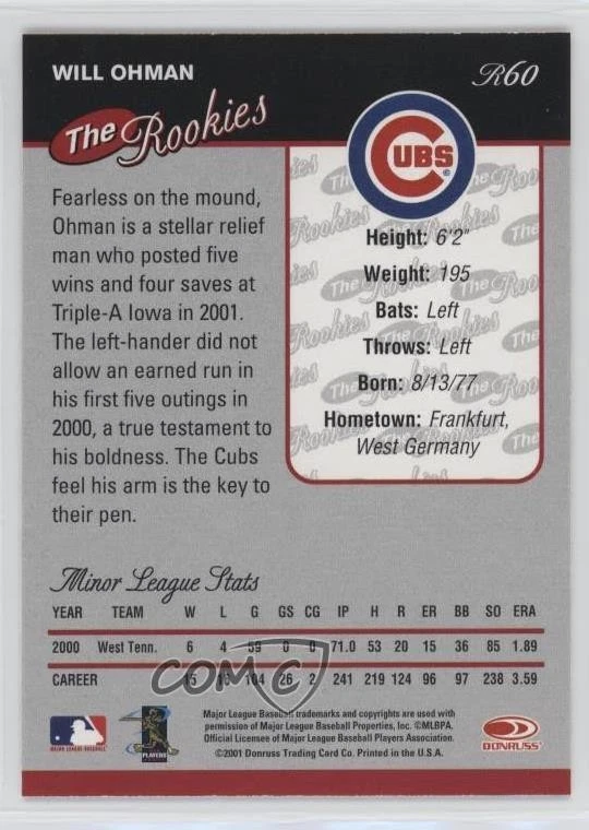 2001 Donruss The Rookies Will Ohman #R60 RC - Image 2 of 2