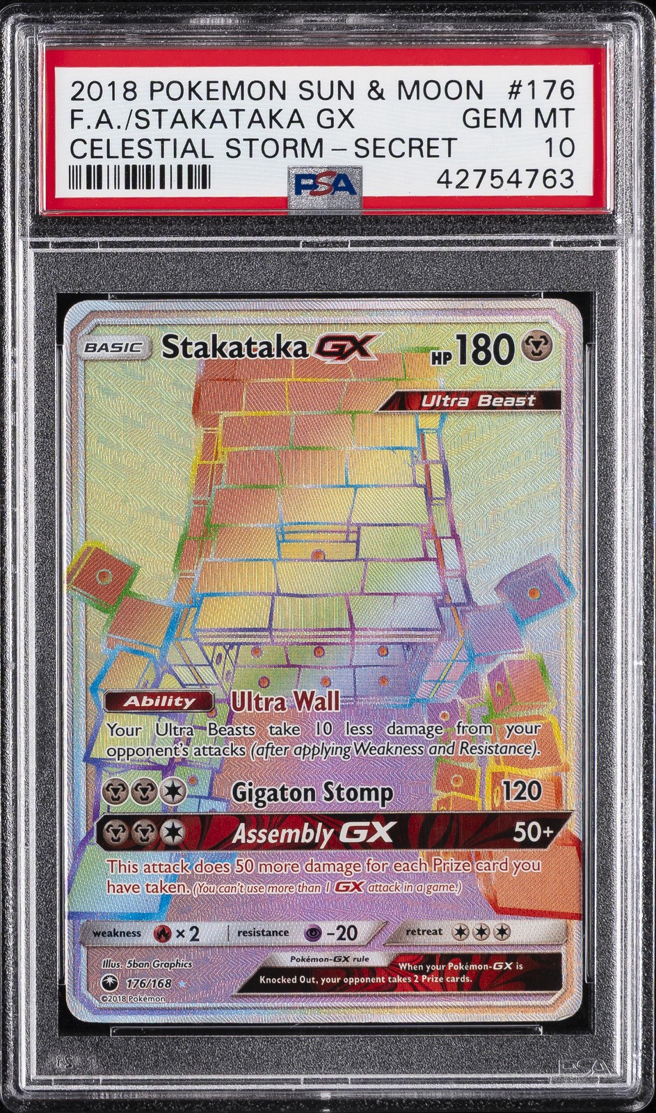 2018 POKEMON SUN & MOON CELESTIAL STORM SECRET #176 FULL ART/STAKATAKA GX PSA 10