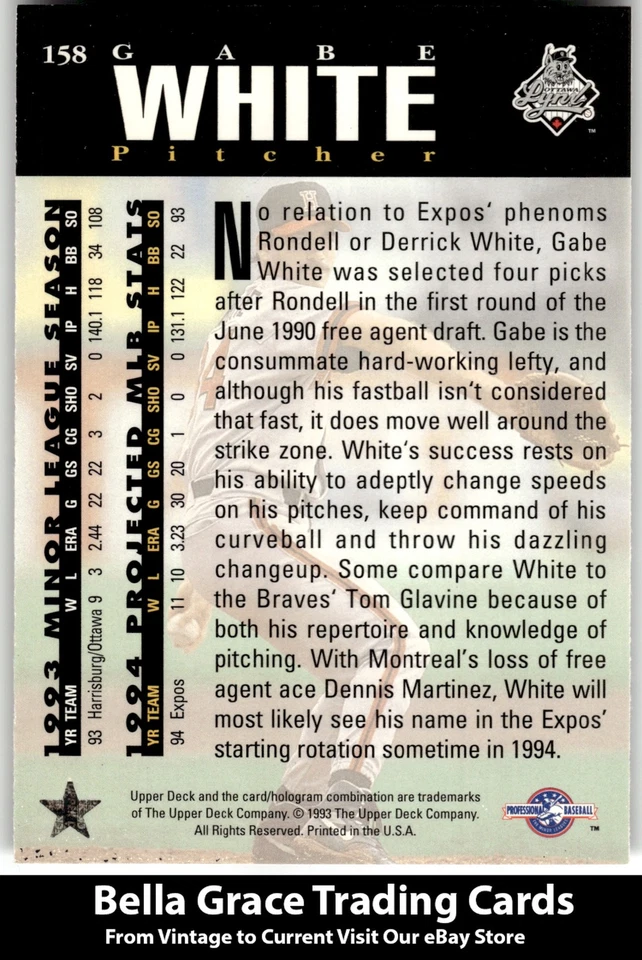 1994 Upper Deck Minor League #158 Gabe White Ottawa Lynx MLB Baseball - Image 2 of 2