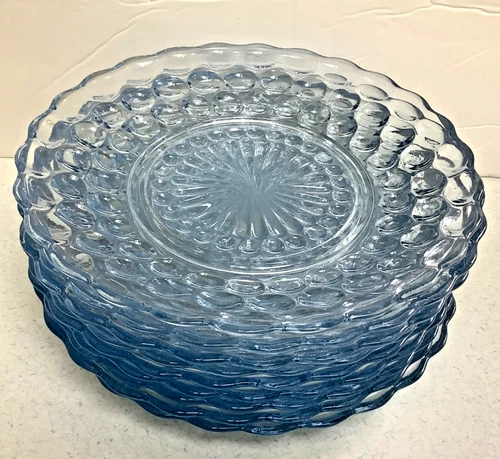 Bubble Glass Anchor Hocking Blue Depression Bread Plates Lot of 9