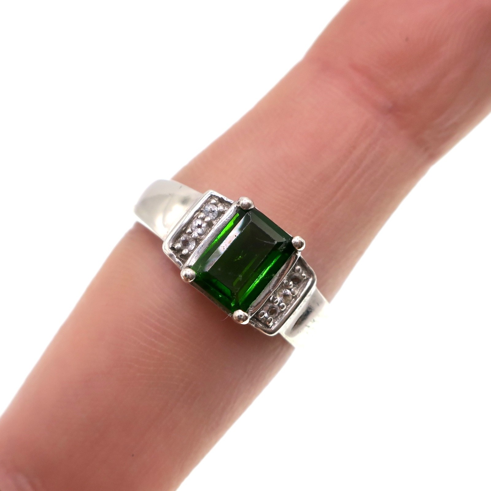 Sterling Silver Emerald shape Synethic Green Tour… - image 1