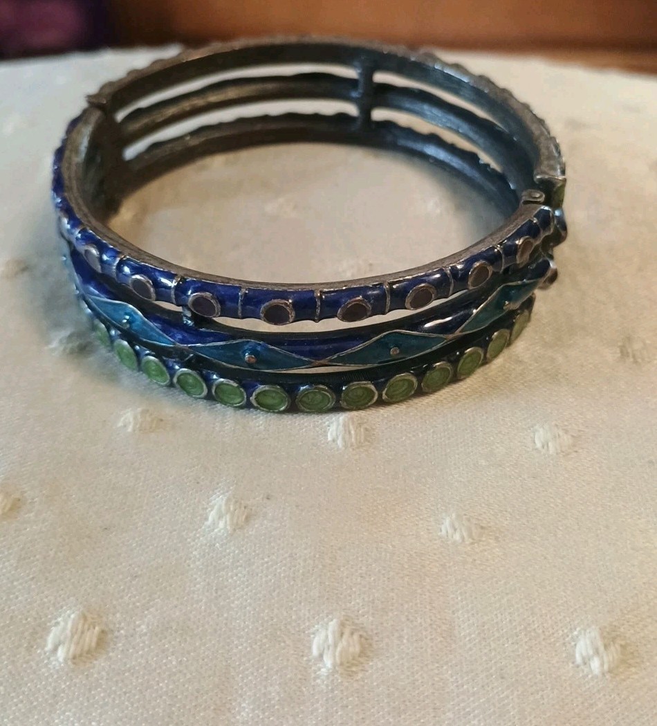 Victorian Sterling Silver Blue Enamel Hinged Bangle by A. Brandt + Son