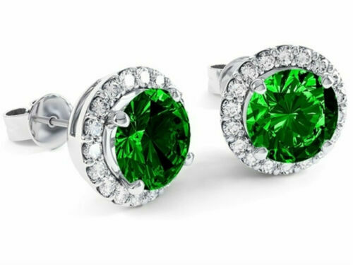 925 Sterling Silver Round Lab Created Emerald and White Topaz Halo Stud Earrings - Picture 1 of 5