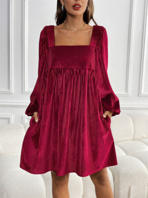 Women's Tie Back Square Neck Velvet Babydoll Dresses Puff Long Sleeve Mini  Dress | eBay