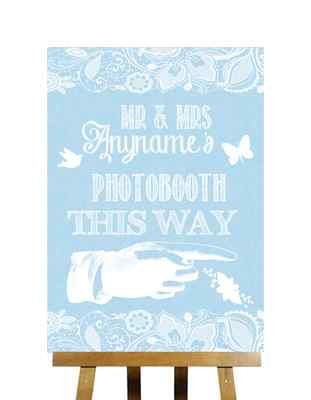 Blaues Sackleinen & Spitzeneffekt Photobooth So rechts personalisiertes Hochzeitsschild
