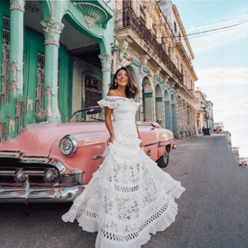 Abito lungo donna in pizzo con arricciature a strati abito trasparente swing - Foto 4 di 12