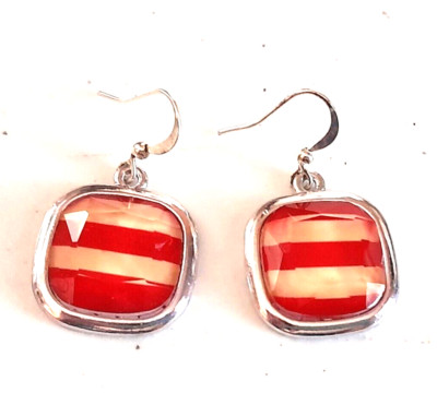 Silver Tone White Red Faceted Acrylic Candy Square Dangle Drop Hook Earrings