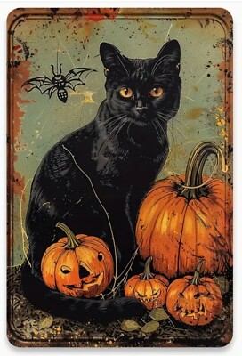 Halloween Black Cat Jack O Lanterns Pumpkins Vintage Look Metal